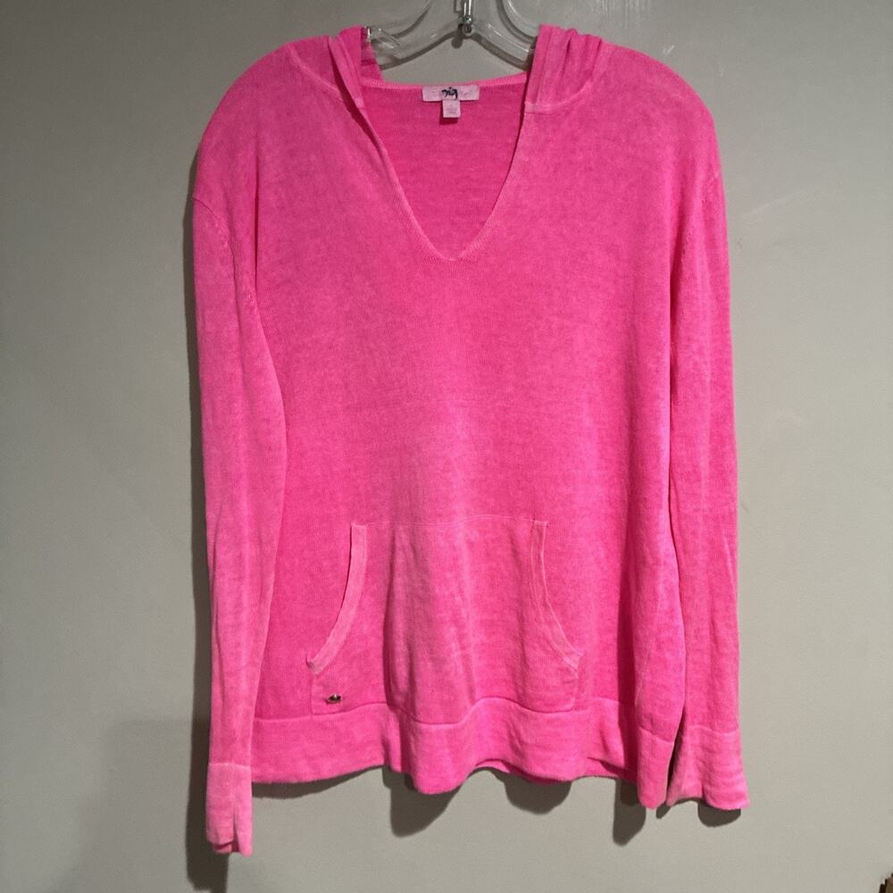 Lilly Pulitzer Medina Pink Linen Hooded Lightweight Sweater Top Pocket Sz S